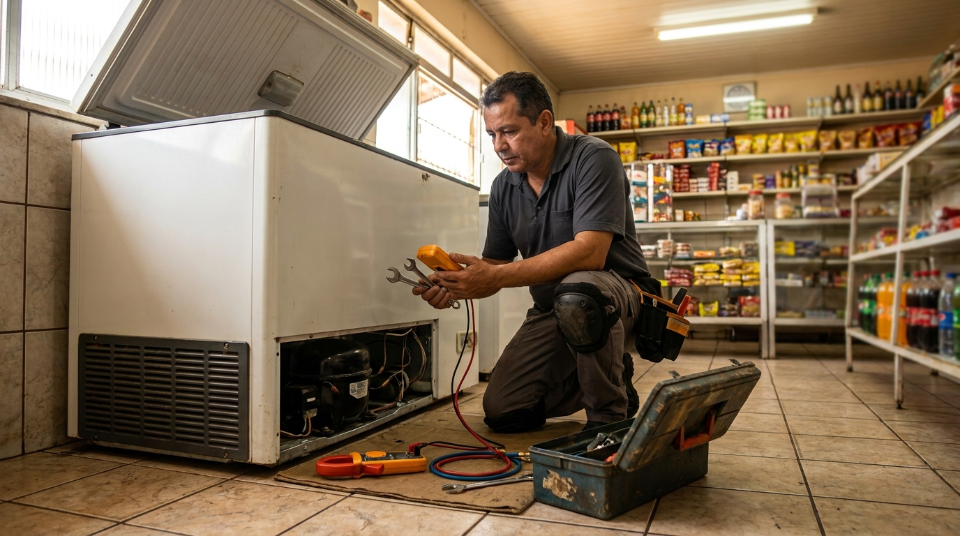 Técnico realizando manutenção de motor de freezer em Uberaba‑MG