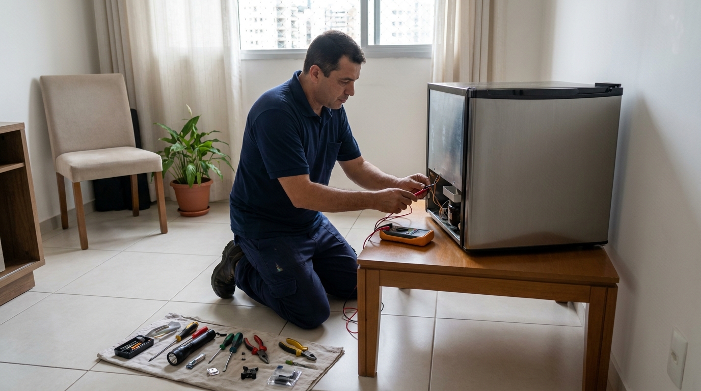Técnico realizando manutenção de motor de frigobar em Uberaba‑MG